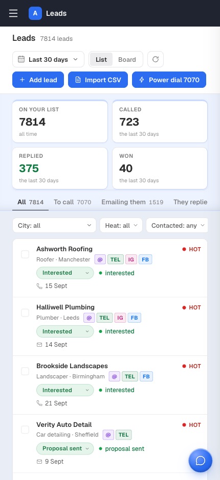The AI Partner Method CRM lead list showing 7,814 leads with call, reply and won counts