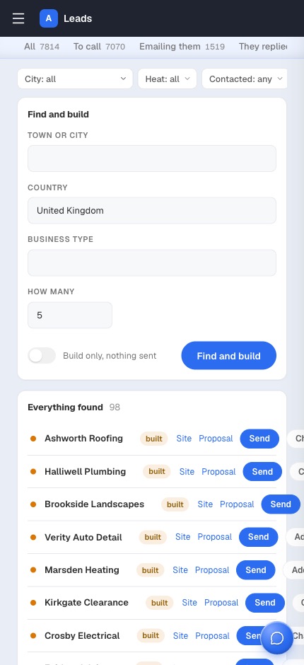 The lead finder inside the AI Partner Method CRM, pulling local businesses and building each one a site