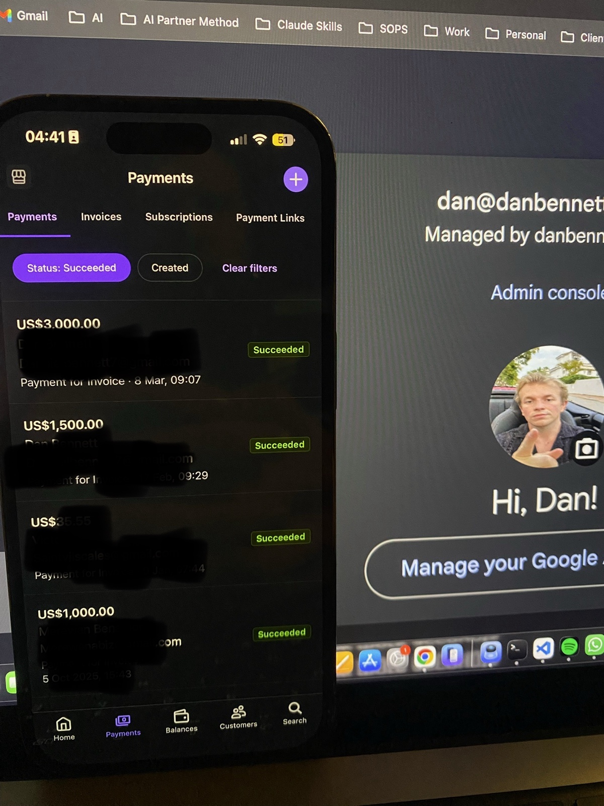 Payments dashboard, every row succeeded