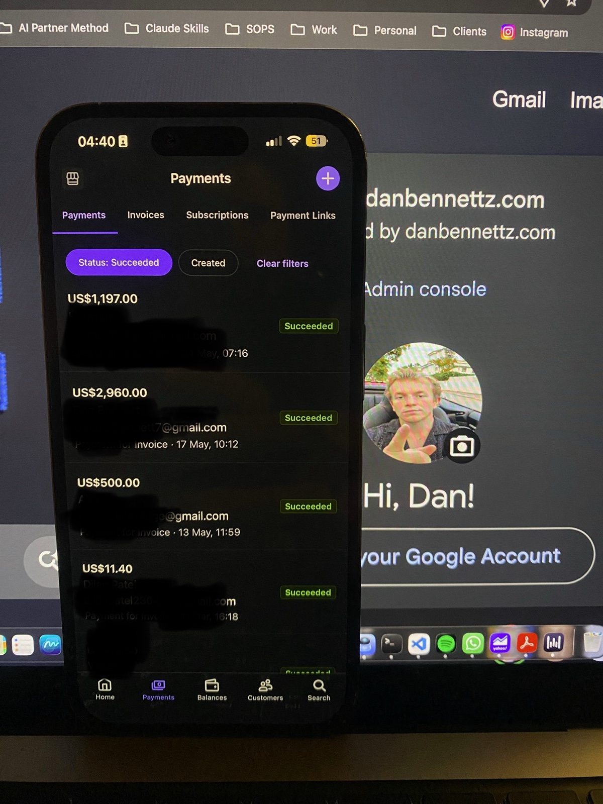 Payments dashboard, real accounts, same week