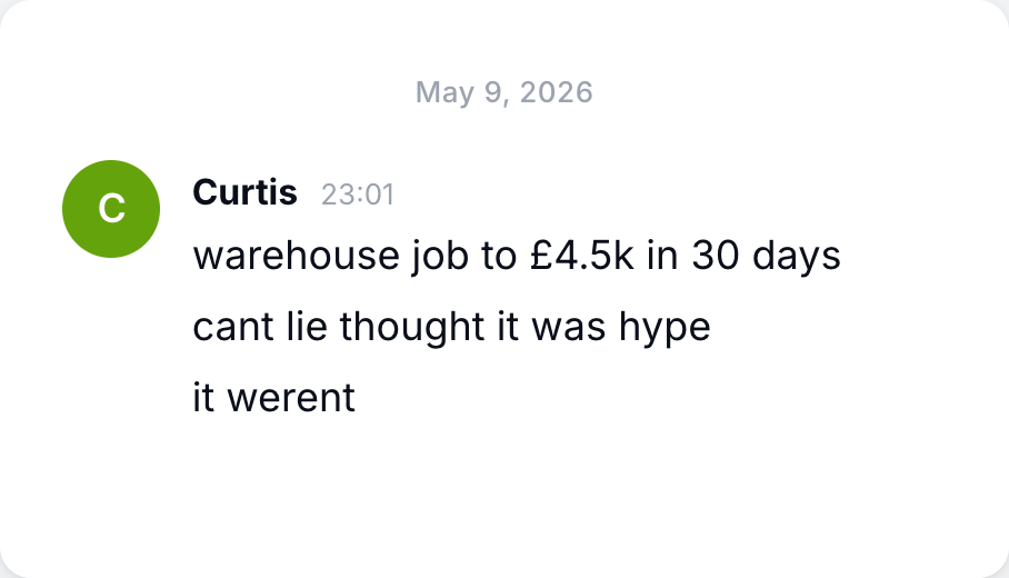 Curtis, warehouse job to four and a half thousand in thirty days